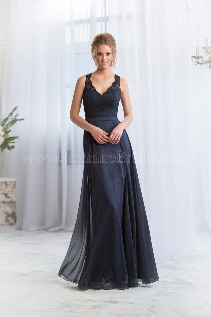 Belsoie Tiffany Chiffon V-Neck A-Line with Lace | Available Long or Short - Several Colors - Sizes 00-34 | In Store ONLY