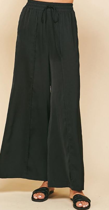 WIDE LEG SATIN PANT | Black