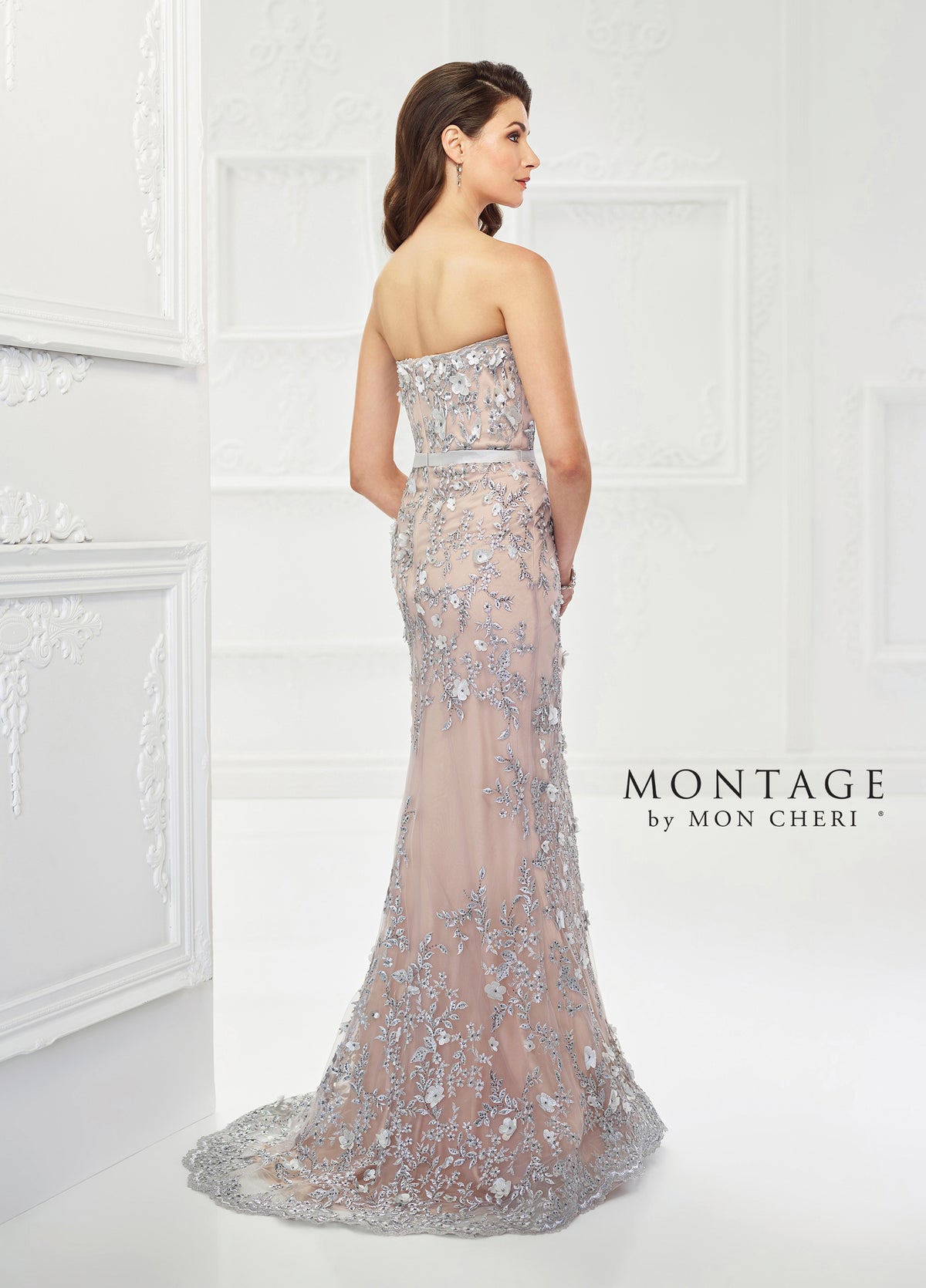 Mon Cheri 118961 Strapless Tulle and Beaded Lace Gown