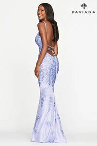 Faviana 10508 V Neck Lace Applique Gown | Hot Pink, Periwinkle