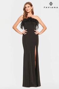 Faviana 10851 Strapless Feather Gown | Black, Ivory