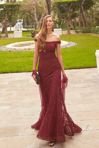 Ivonne D. 220D22 Off The Shoulder Beaded/Embroidered Fit & Flare With Removeable Boa