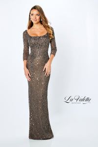 La Valetta LV22106 Beaded Scoop Neck Gown | Emerald, Lead, Mocha
