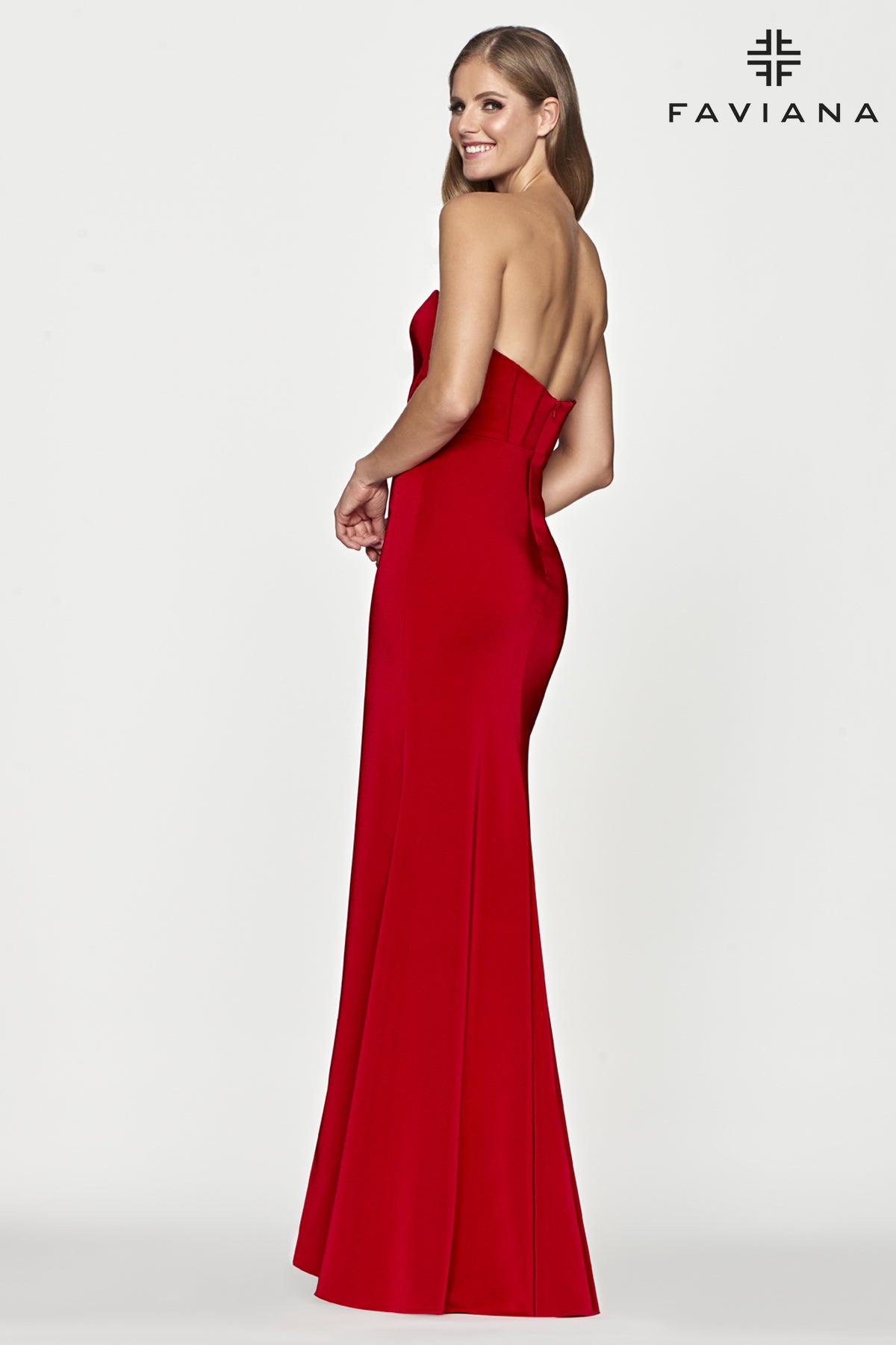 Faviana S10660 Corset Style Strapless Gown With Leg Slit | Red